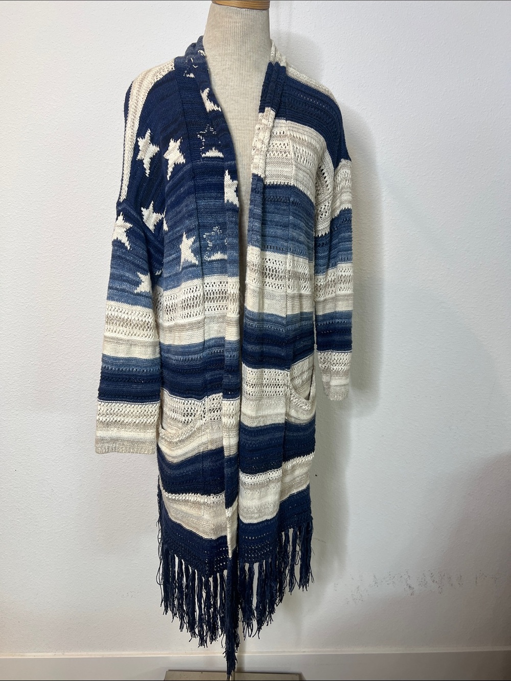 Ralph Lauren Navy and Cream Striped and Stars Cotton Linen Knit Sweater